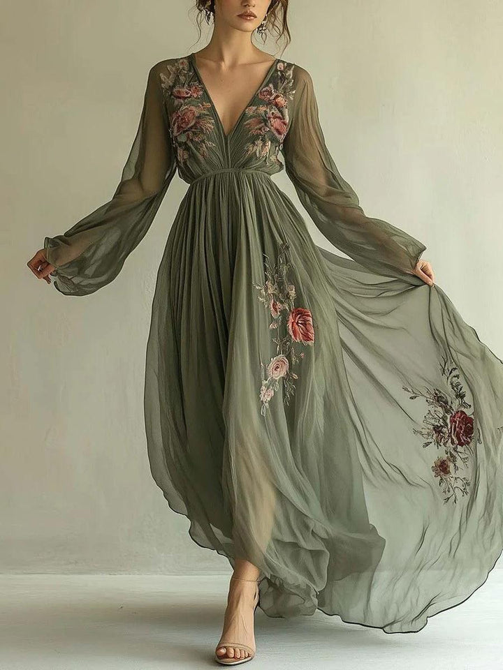 Cornelia | Damen Langarm Chiffon Maxikleid