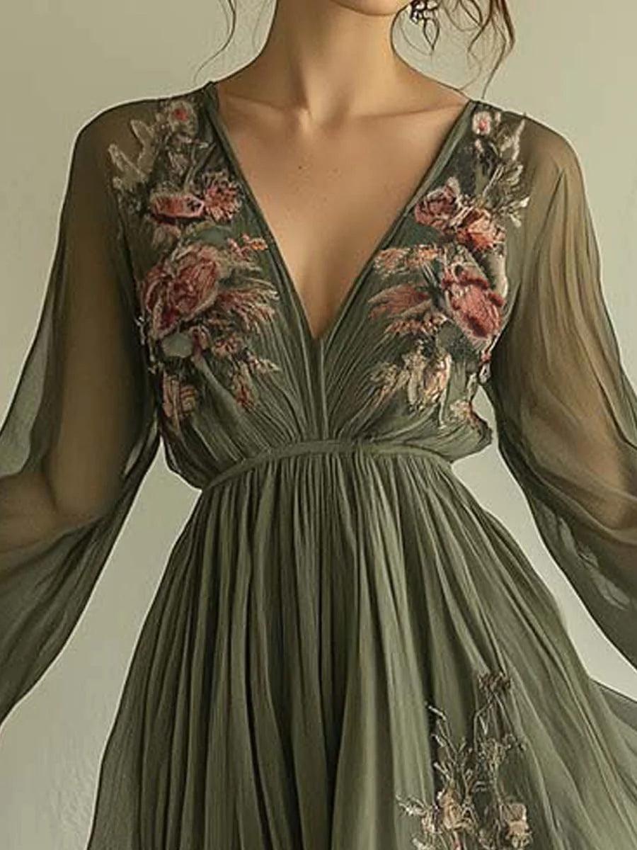 Cornelia | Damen Langarm Chiffon Maxikleid