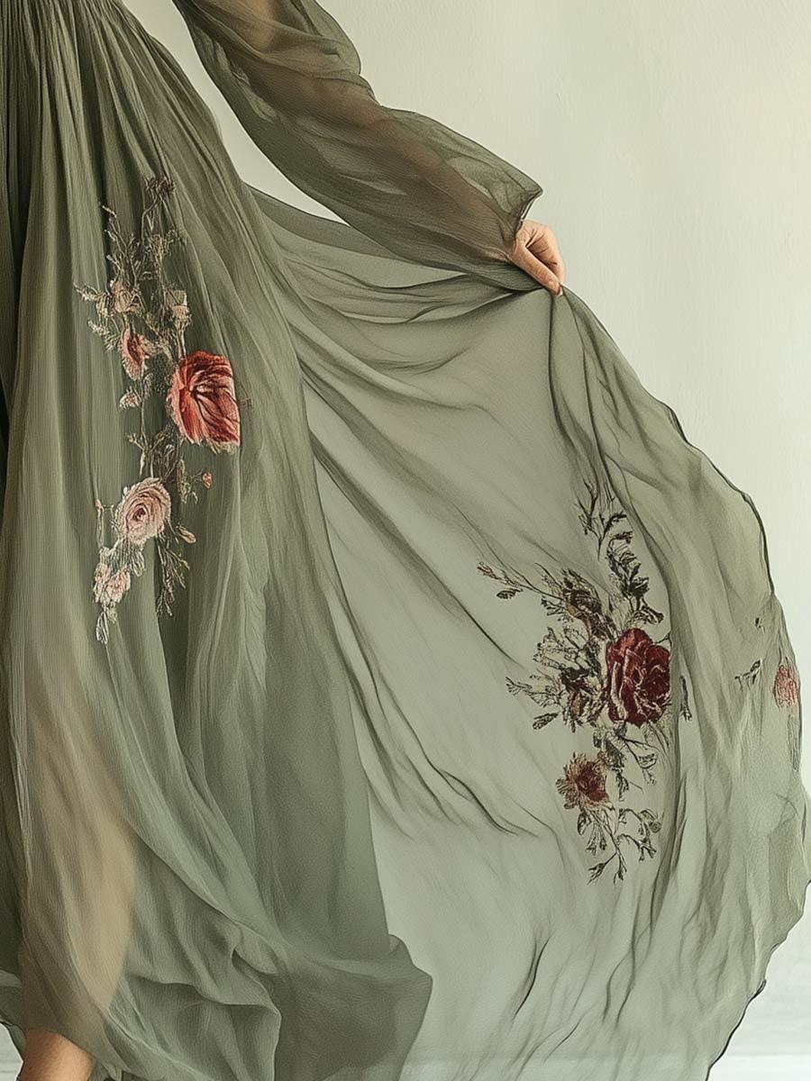 Cornelia | Damen Langarm Chiffon Maxikleid