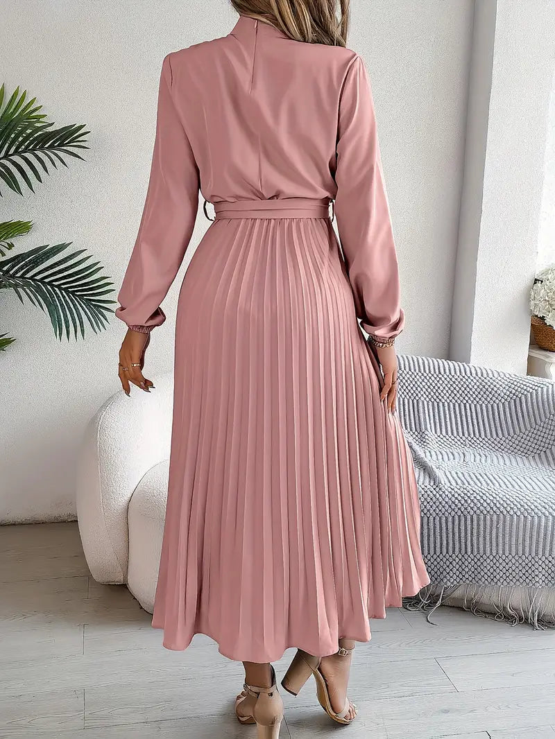 Sana | Damen Abend Plissierter Hochgeschlossener Midikleid