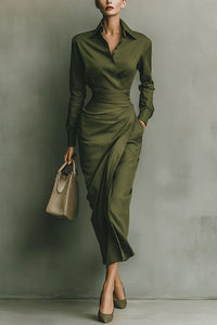 Flavia | Damen Elegantes Wickel Hemdblusen Midikleid