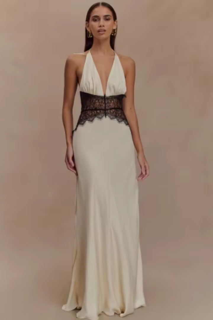 Aline | Damen Elegantes Hochzeitsgast Neckholder Maxi Kleid