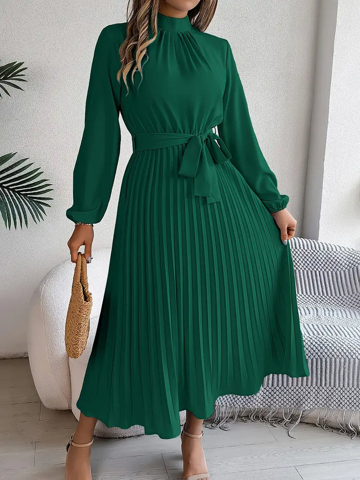 Sana | Damen Abend Plissierter Hochgeschlossener Midikleid