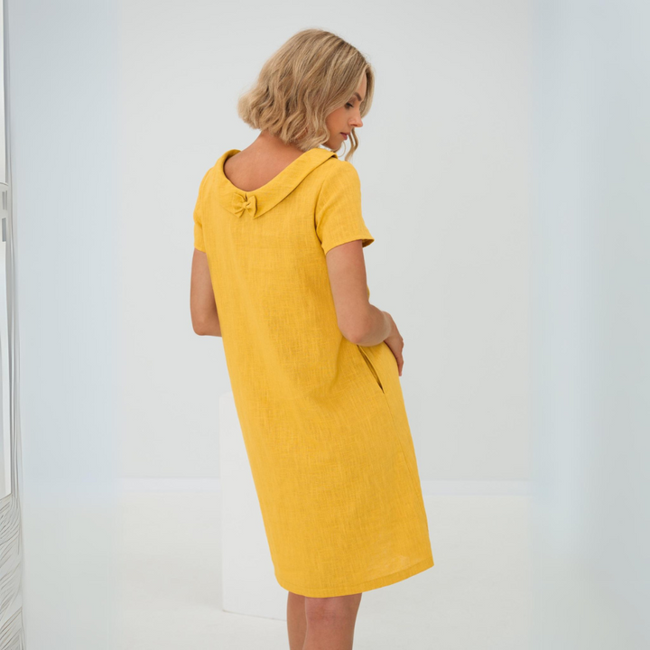 Janine | Abito midi senza tempo in lino da donna con scollo rotondo