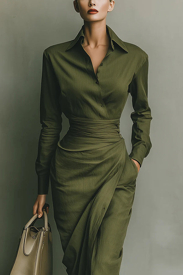 Flavia | Damen Elegantes Wickel Hemdblusen Midikleid