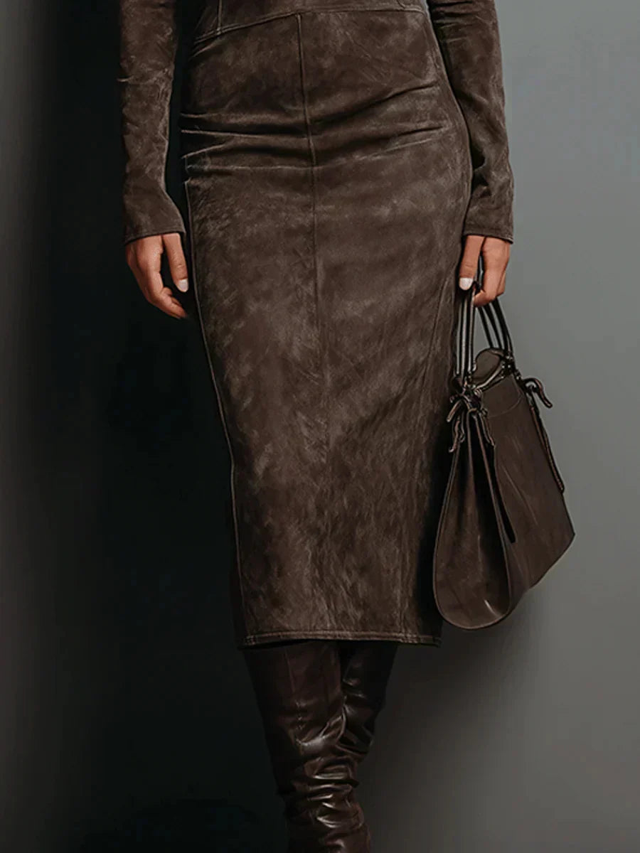Melina | Damen Hohem Kragen Wildleder-Midikleid