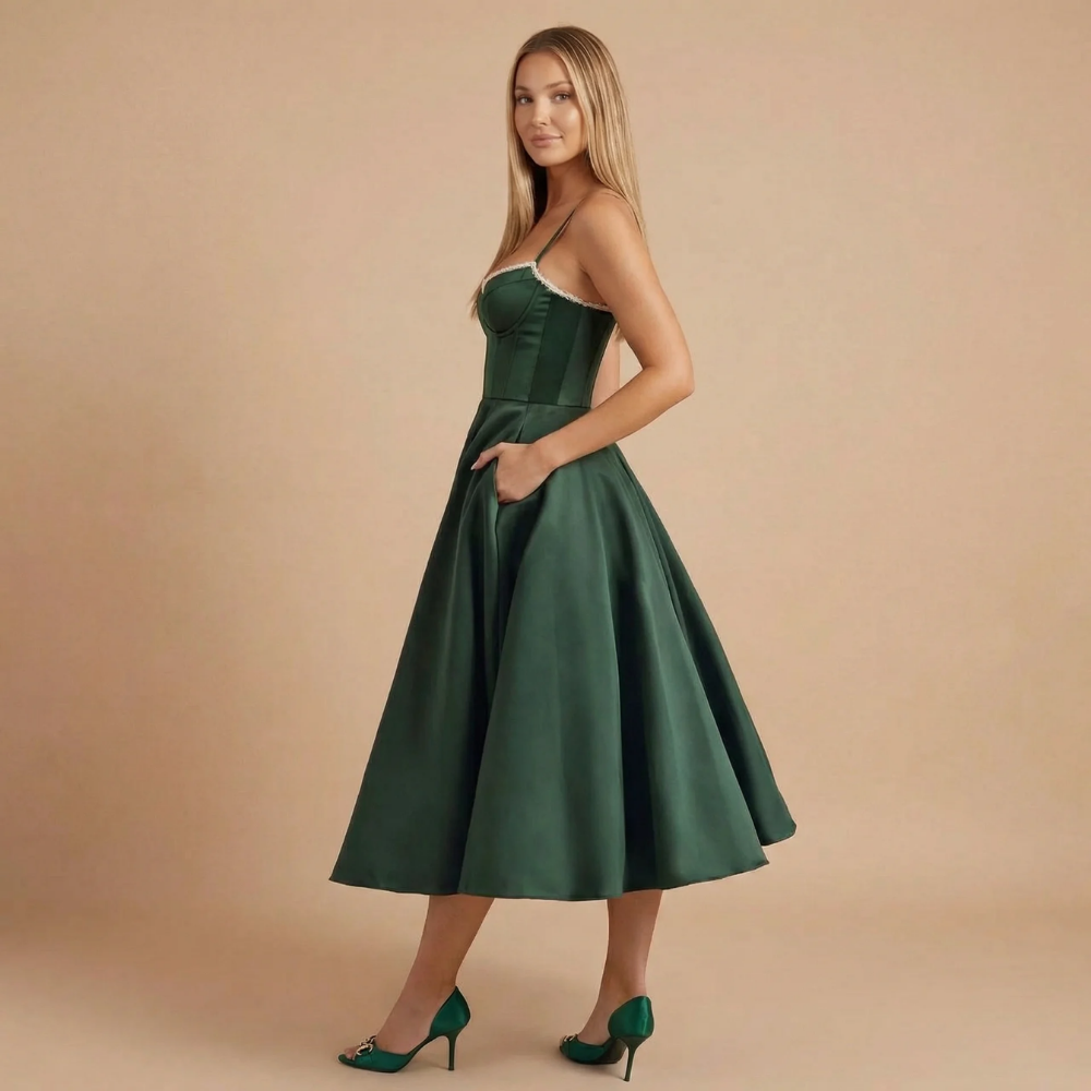 Norina | Damen A-Linien Midi-Satin-Hochzeitsgastkleid