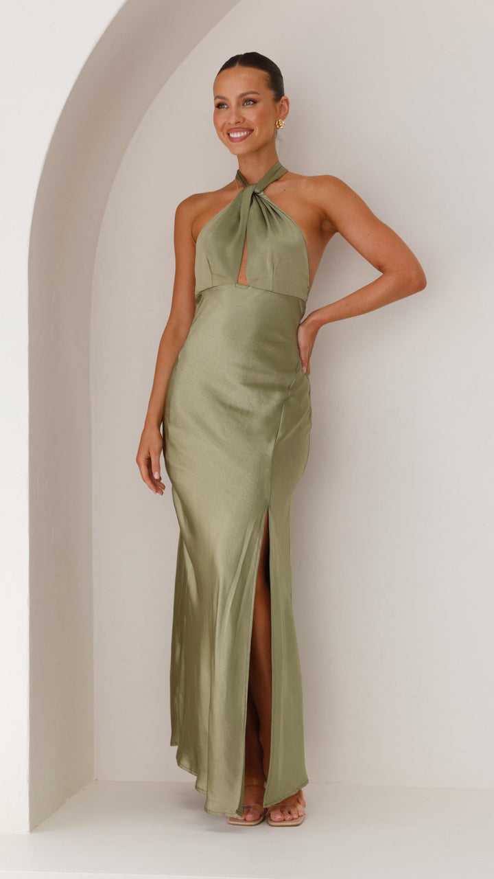 Camille | Elegante abito maxi in raso da donna con scollo all&