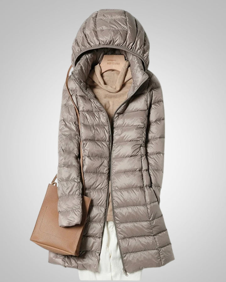 Sophia | Damen Langer Leichte Daunenjacke mit Kapuze