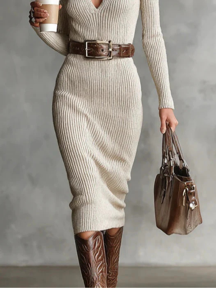 Theresa | Damen Langarm Geripptes Midikleid
