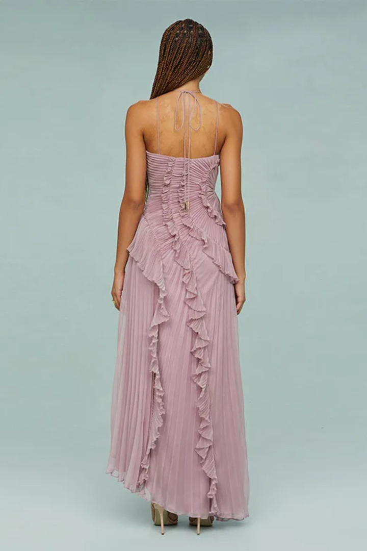 Quinn | Élégante robe longue dos nu à col licou pour invitée de mariage
