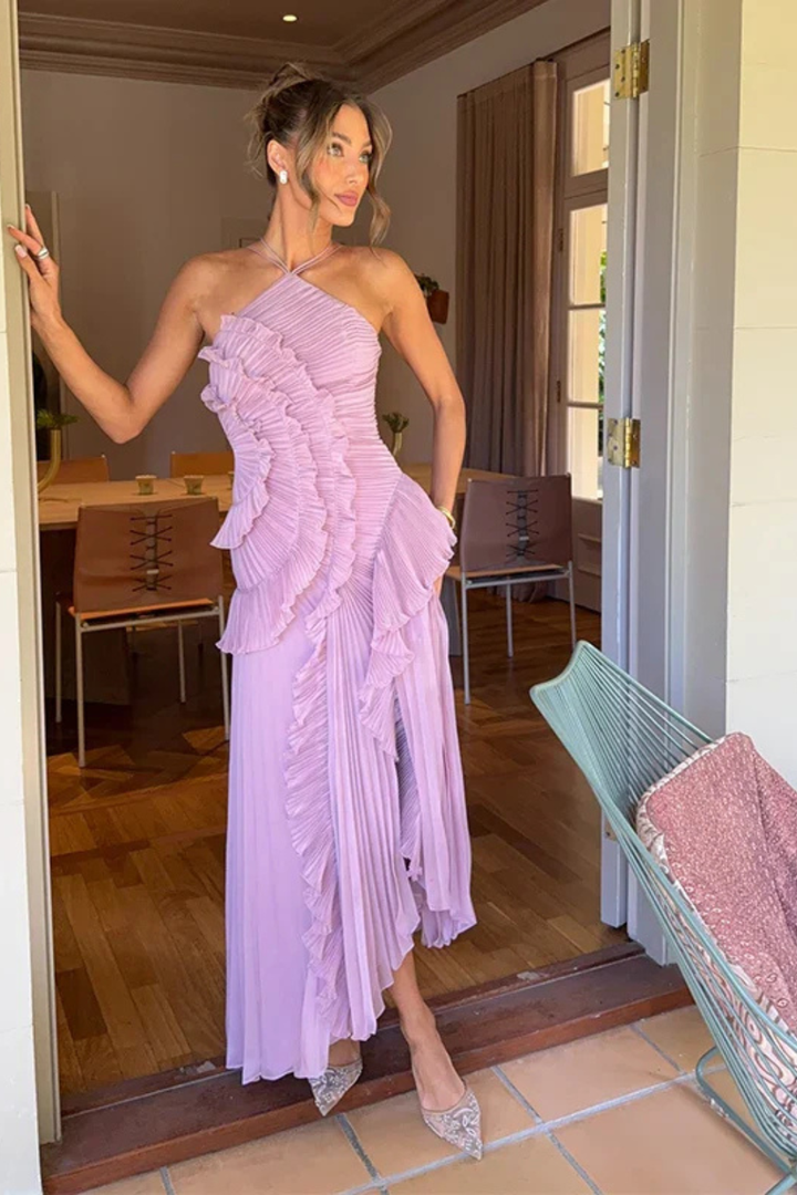 Quinn | Élégante robe longue dos nu à col licou pour invitée de mariage