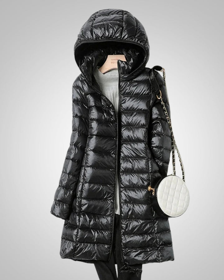 Sophia | Damen Langer Leichte Daunenjacke mit Kapuze