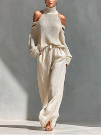 Elena | Completo alla moda a due pezzi da donna con top scollato sulle spalle e pantaloni larghi