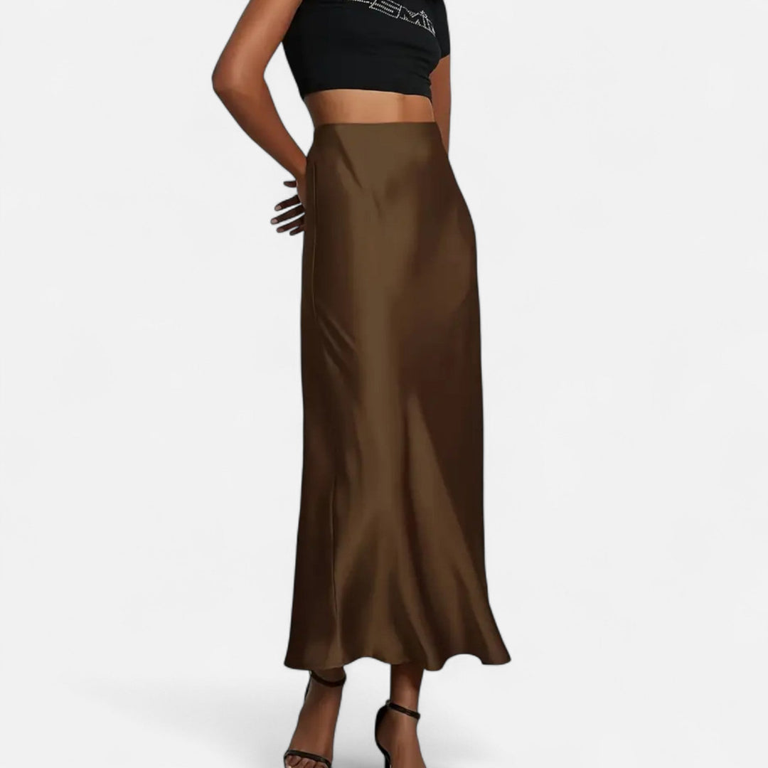 Delia | Jupe midi élégante en satin et coupe biais pour femme