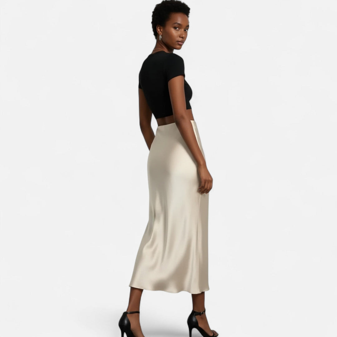 Delia | Jupe midi élégante en satin et coupe biais pour femme