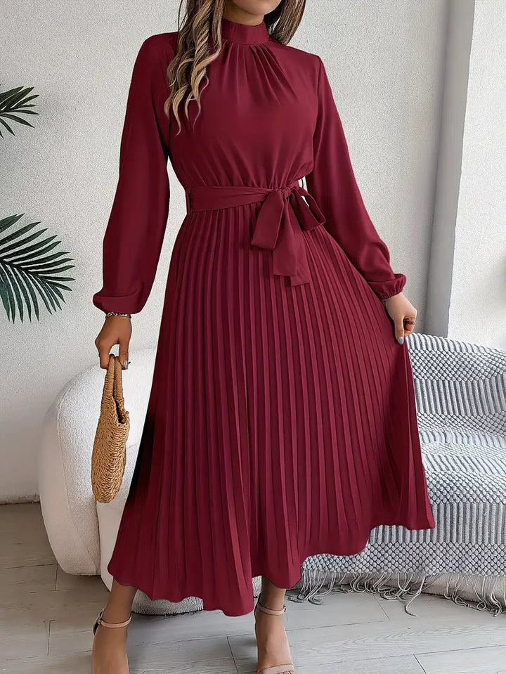 Sana | Damen Abend Plissierter Hochgeschlossener Midikleid