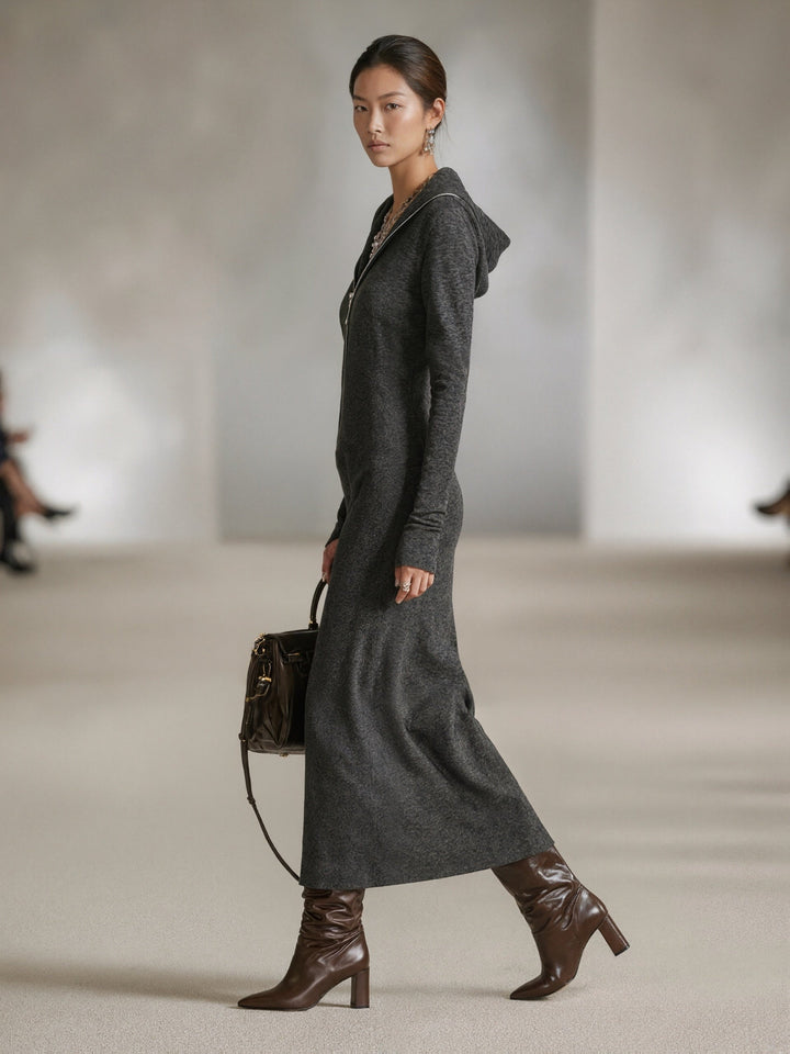Evelyne | Damen Lässiges Kapuzen Zip Maxikleid