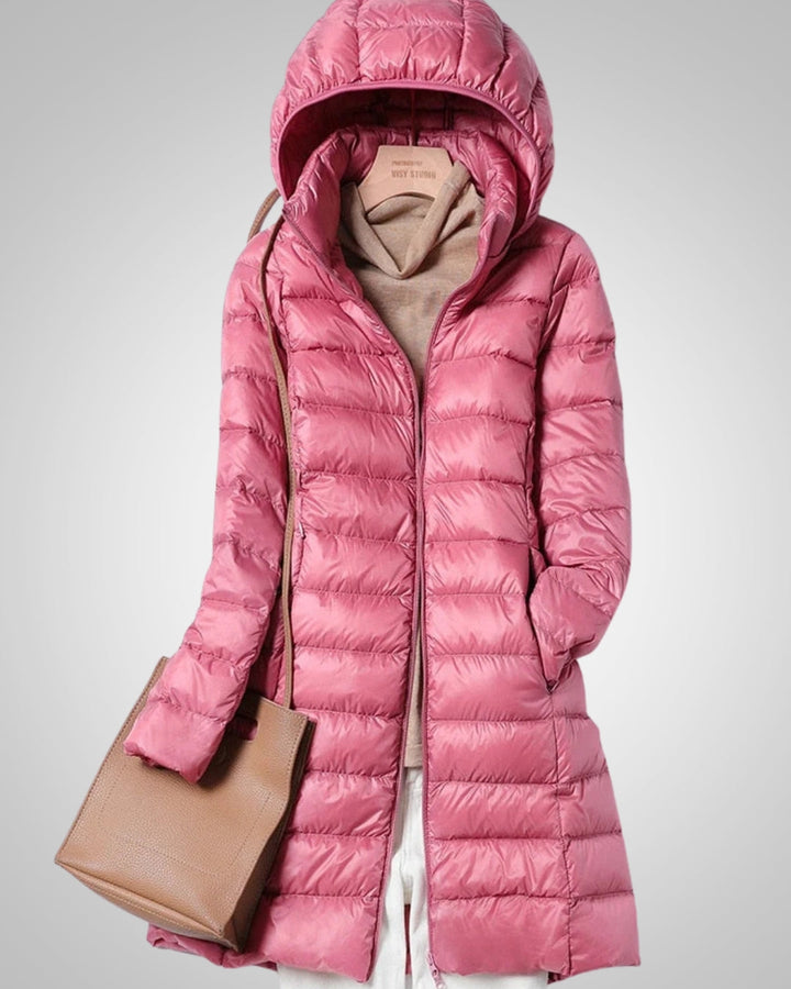 Sophia | Damen Langer Leichte Daunenjacke mit Kapuze