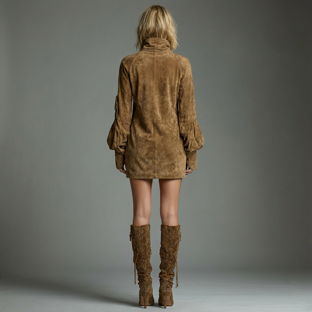 Ilona | Damen Vintage Wildleder Rollkragen Minikleid