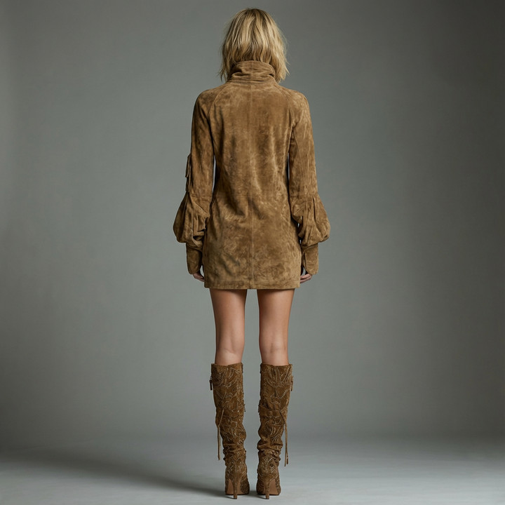 Ilona | Damen Vintage Wildleder Rollkragen Minikleid