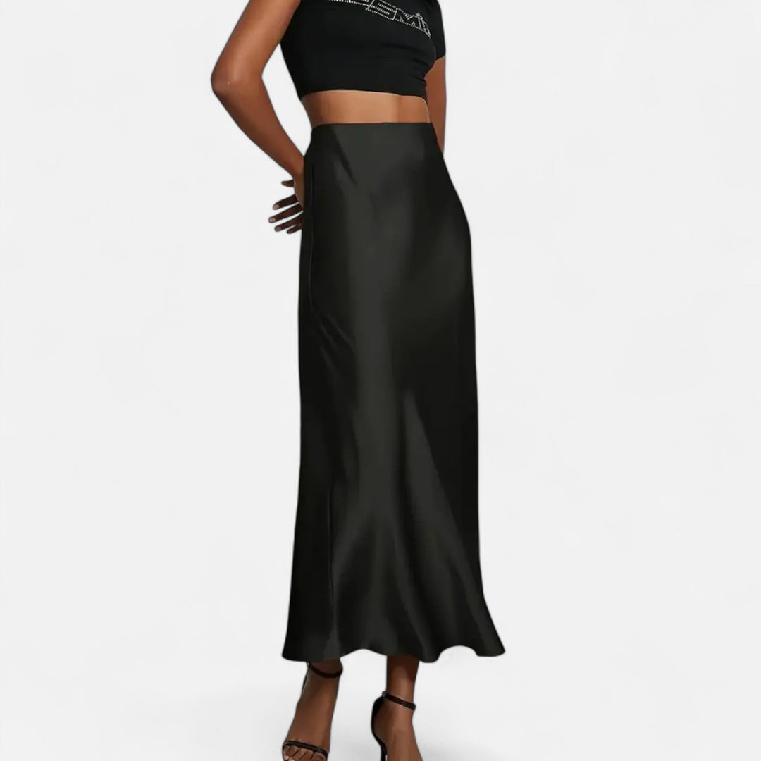 Delia | Jupe midi élégante en satin et coupe biais pour femme