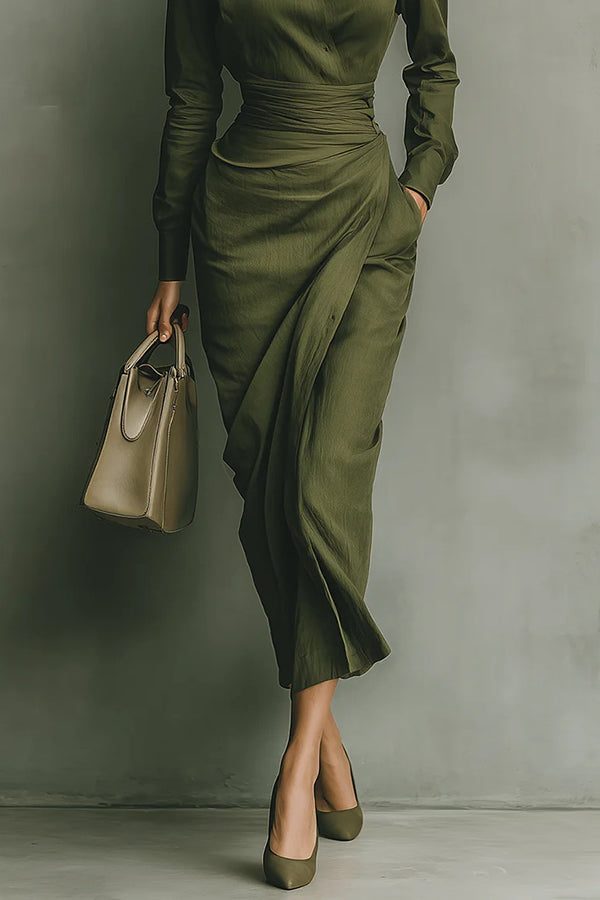 Flavia | Damen Elegantes Wickel Hemdblusen Midikleid