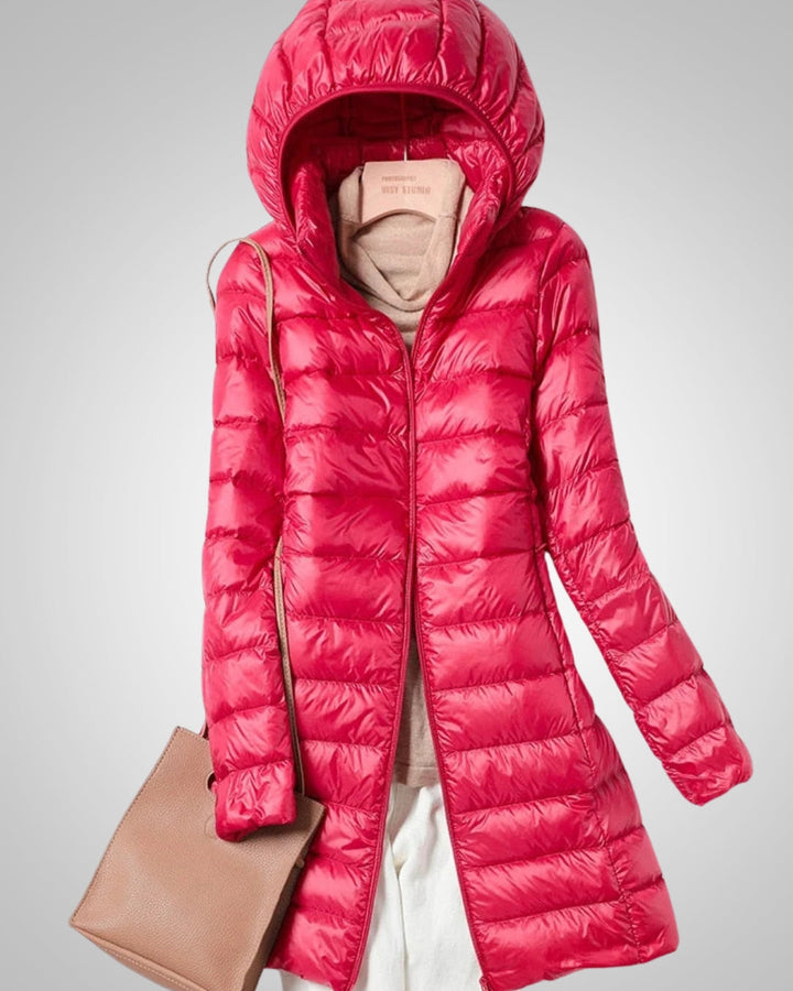 Sophia | Damen Langer Leichte Daunenjacke mit Kapuze