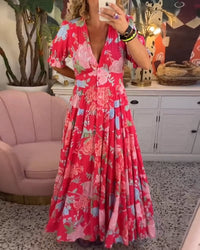 Liv | Damen Florales V-Ausschnitt Maxikleid Mit Kurzen Ärmeln