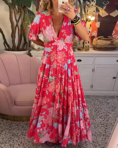 Liv | Damen Florales V-Ausschnitt Maxikleid Mit Kurzen Ärmeln