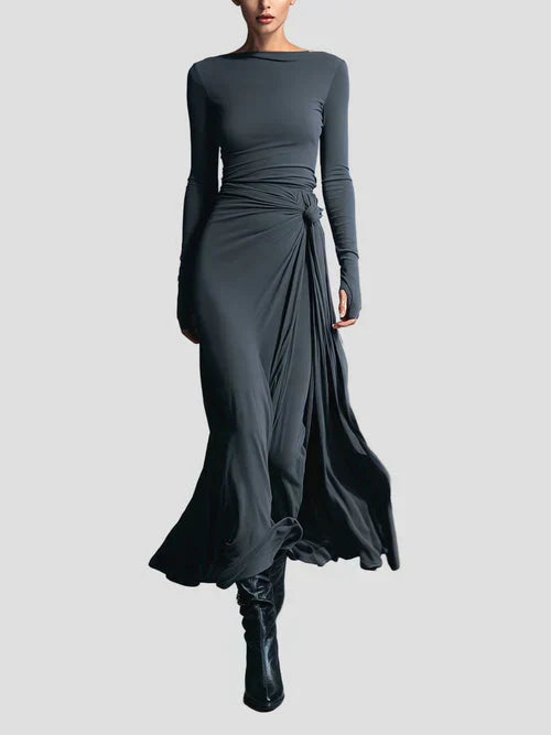 Ines | Damen Lässig Langarm Wickel Midikleid