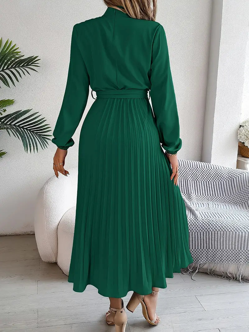 Sana | Damen Abend Plissierter Hochgeschlossener Midikleid