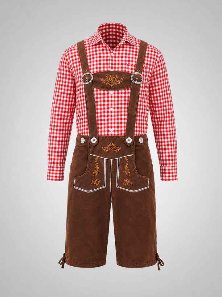 Rote Kariertes Oberteil + Braun Latzhose