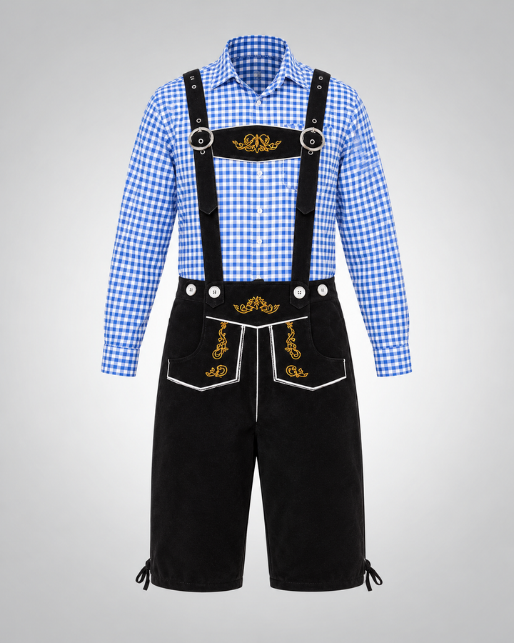 Blaue Kariertes Oberteil + Schwarz Latzhose