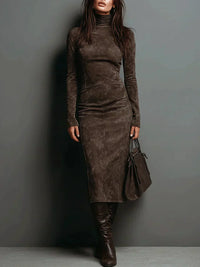 Melina | Damen Hohem Kragen Wildleder-Midikleid