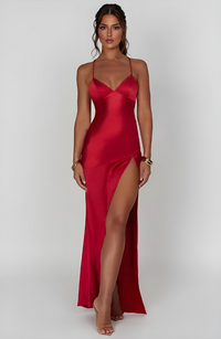 Cosima | Robe longue en satin à col en V pour invitée de mariage