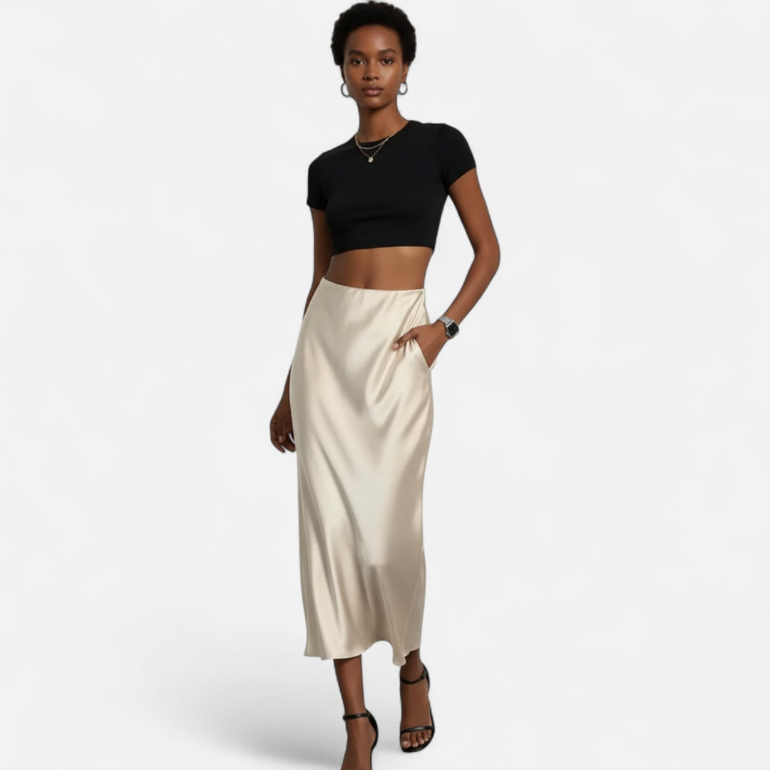 Delia | Jupe midi élégante en satin et coupe biais pour femme