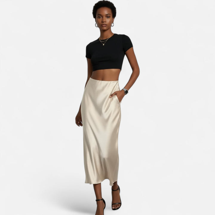 Delia | Jupe midi élégante en satin et coupe biais pour femme