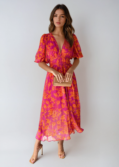 Beatrice | Damen Festliches Hochzeitsgast Midikleid mit Blumenmuster