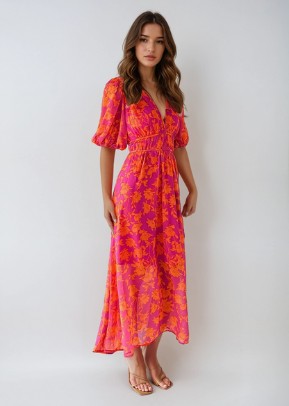 Beatrice | Damen Festliches Hochzeitsgast Midikleid mit Blumenmuster