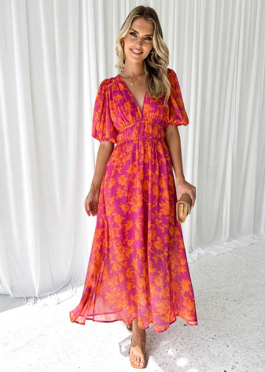 Beatrice | Damen Festliches Hochzeitsgast Midikleid mit Blumenmuster