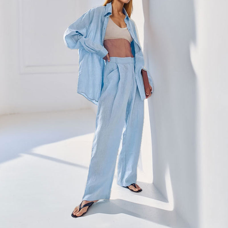 Sofia | Completo camicia in lino da donna due pezzi con pantaloni