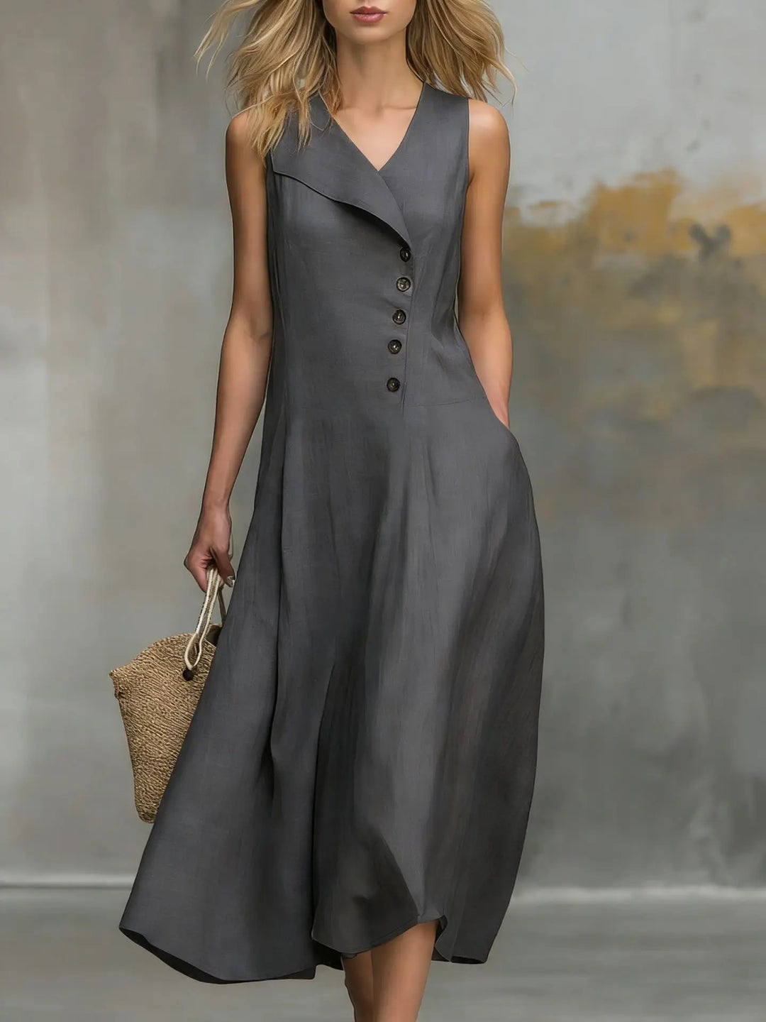 Finja | Damen Ärmelloses Maxikleid Mit Knöpfen