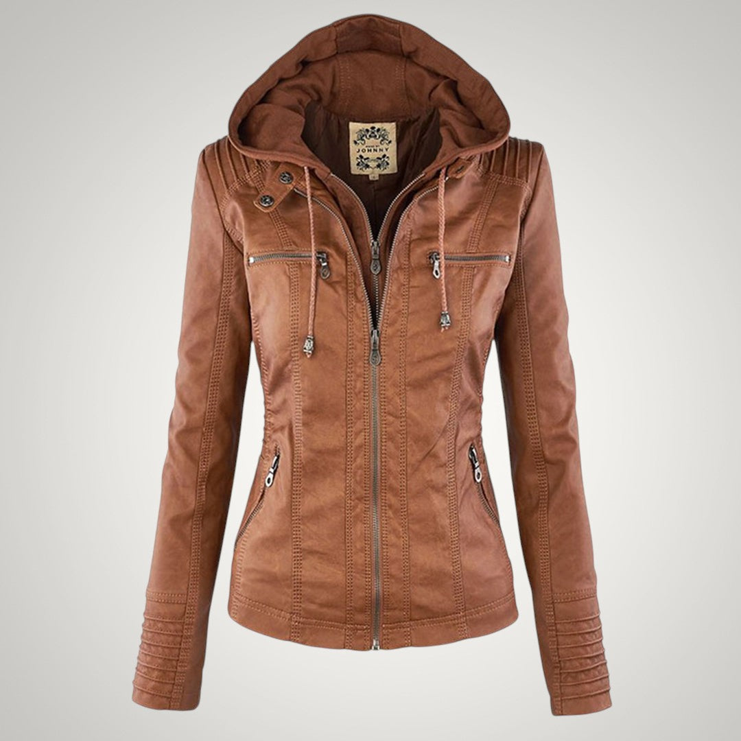 Susanne | Damen Modische Kapuze Lederjacke