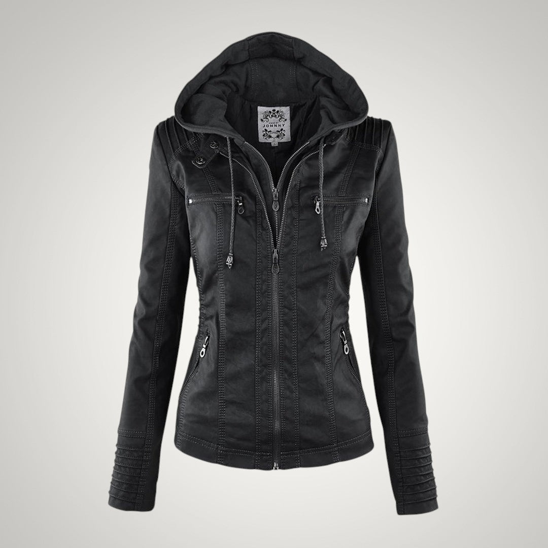 Susanne | Damen Modische Kapuze Lederjacke