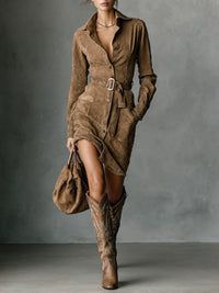 Verena | Damen Langarm Wildleder Hemdblusenkleid
