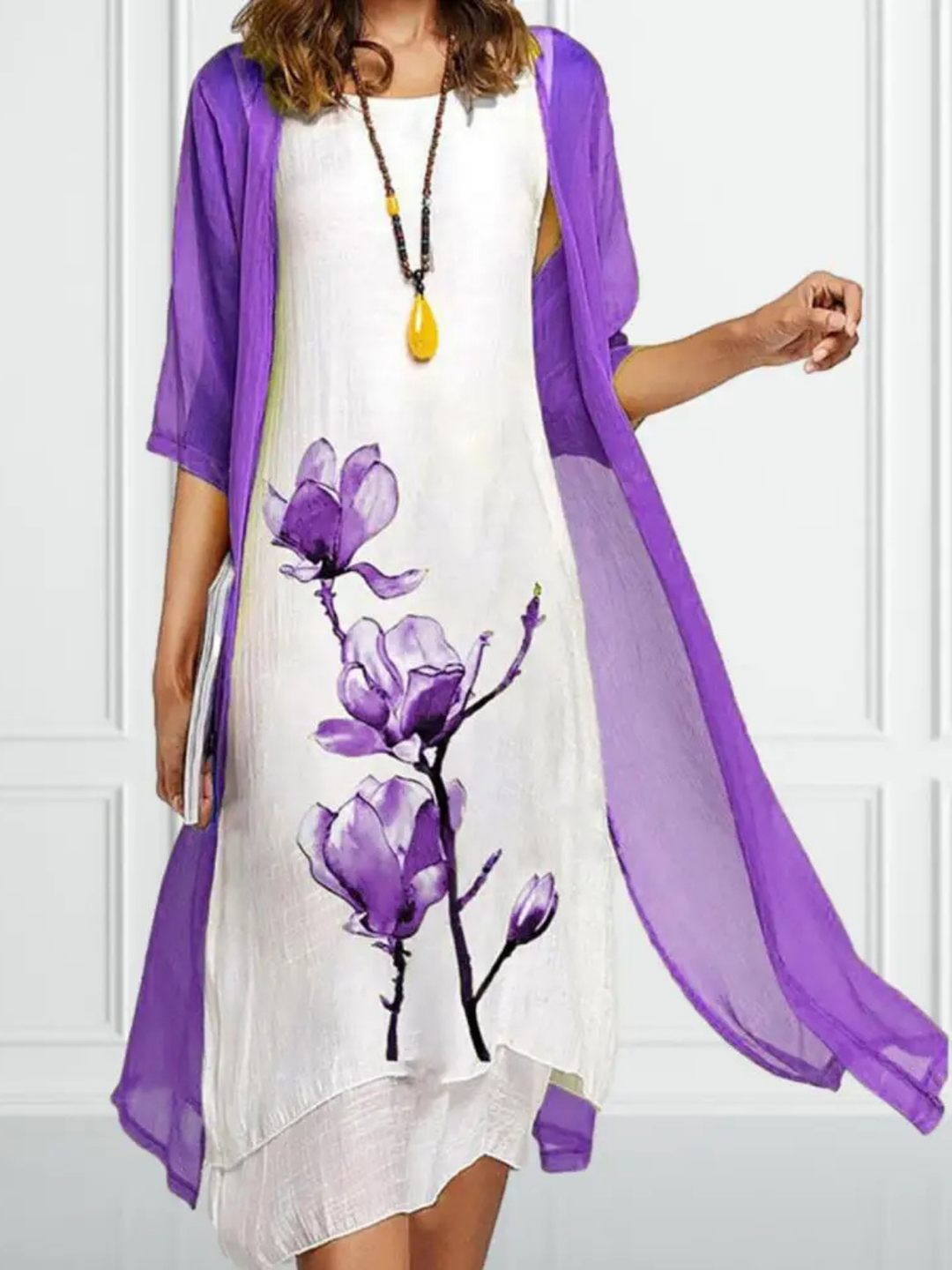 Elina | Abito midi senza maniche da donna con set cardigan in chiffon