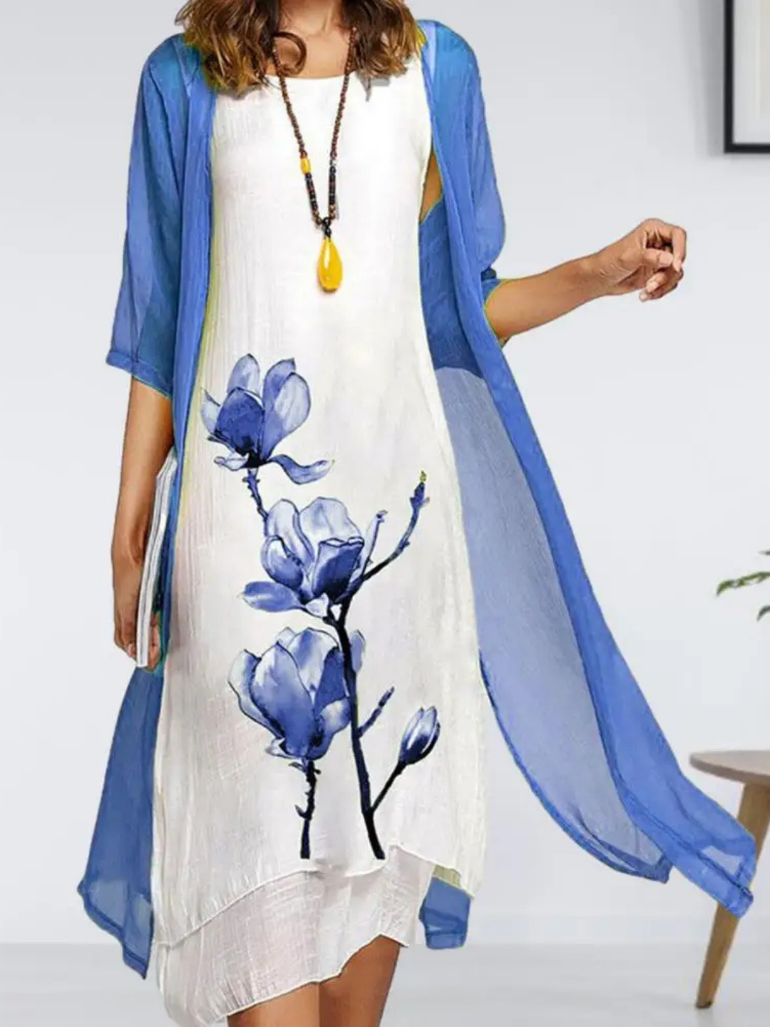 Elina | Abito midi senza maniche da donna con set cardigan in chiffon