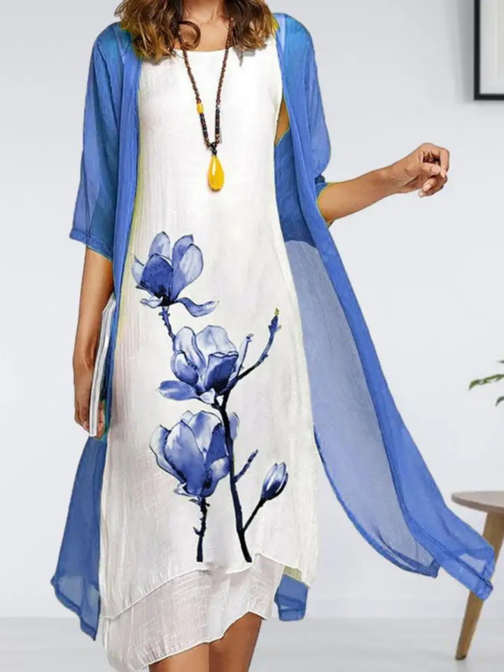 Elina | Abito midi senza maniche da donna con set cardigan in chiffon