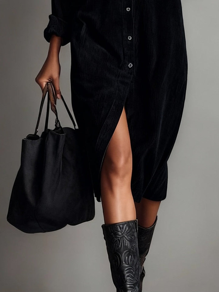 Christina | Damen Geripptes Knöpfen Hemdblusenkleid
